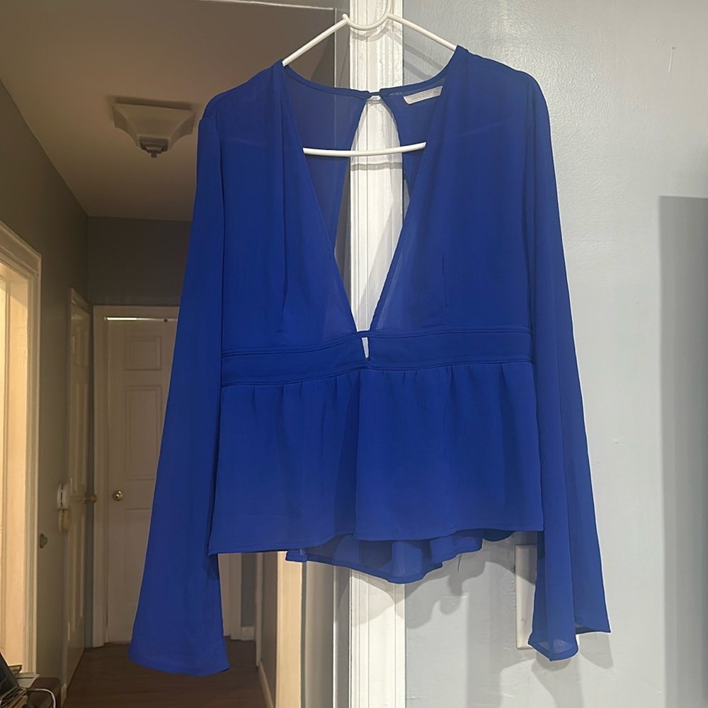 Urban Outfitters Navy Blue Long Sleeve Deep V-neck Blouse